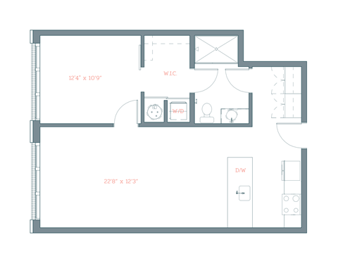 Floor plan for 1 bed, 1 bath, 760 sqft